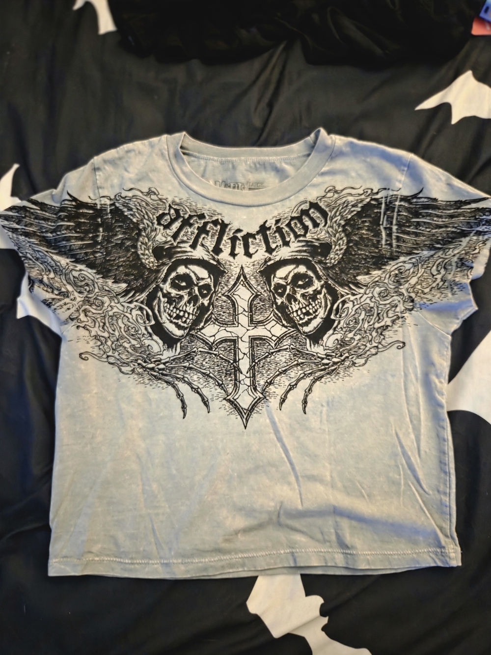 Affliction Light Gray Women's Cropped Graphic Skull Tee